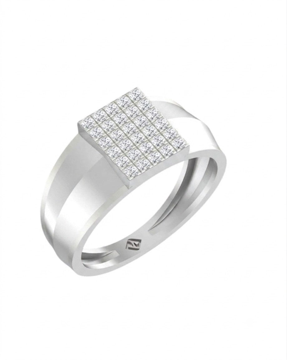 A men's modern white gold ring featuring a square pavé diamond, shown on a plain white background.