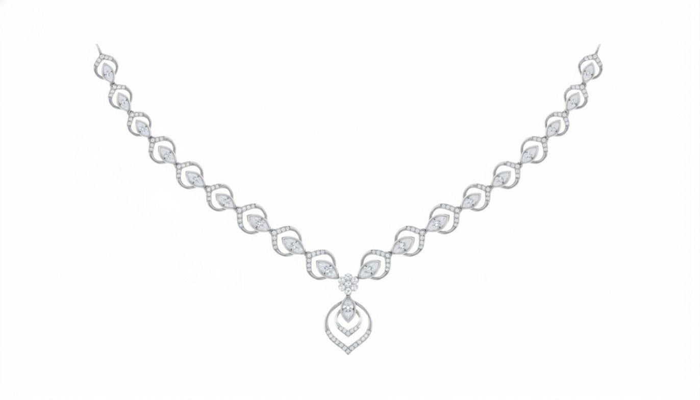 White gold necklace with heart-shaped pendant on a white background