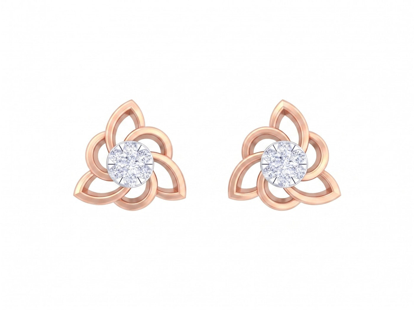 Rose gold and diamond floral stud earrings  on a white background