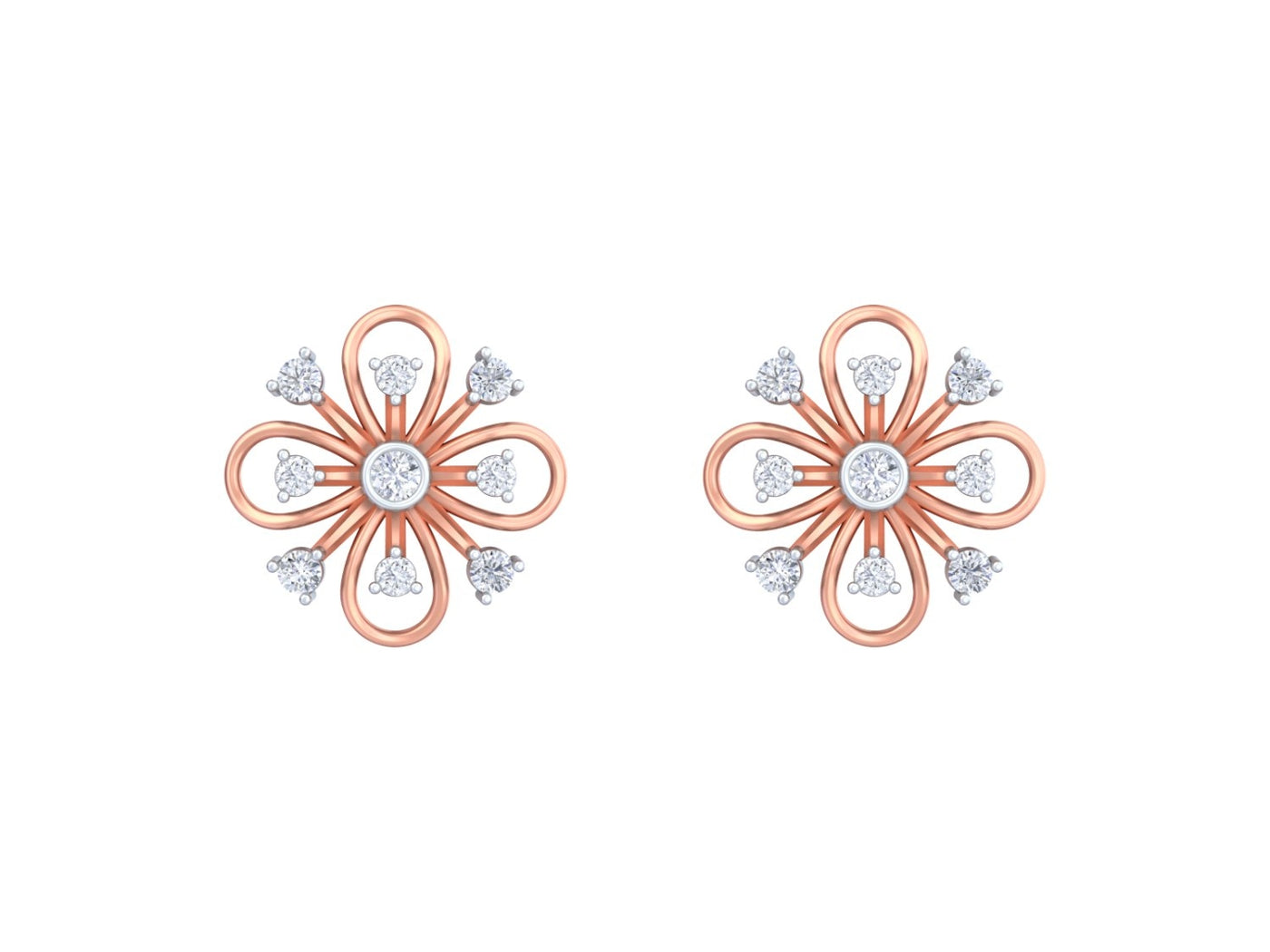 Rose gold and diamond stud earring with floral-design on a white background
