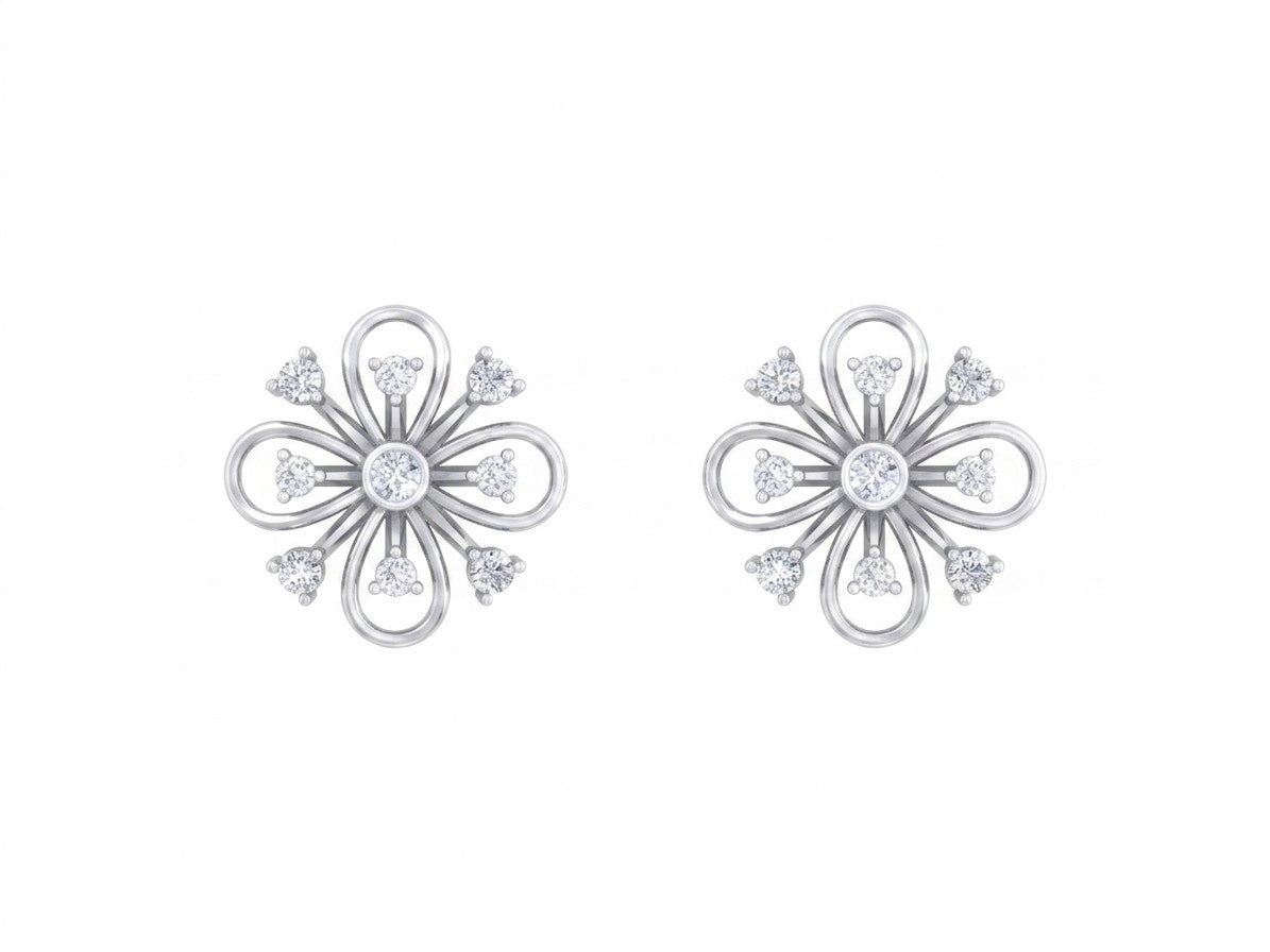 White gold and diamond stud earring with floral-design on a white background