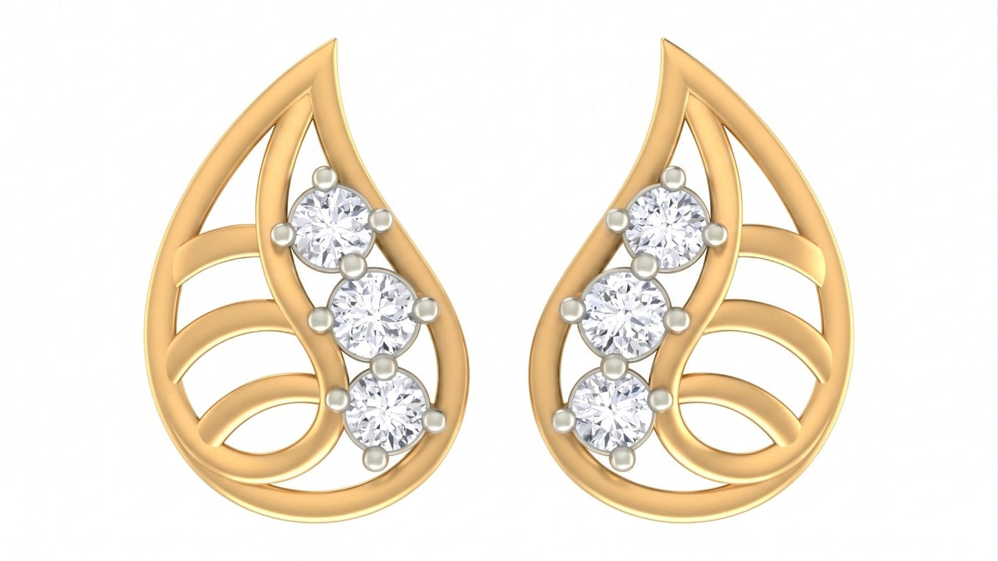 Yellow gold and diamond teardrop-shaped stud earrings on a white background