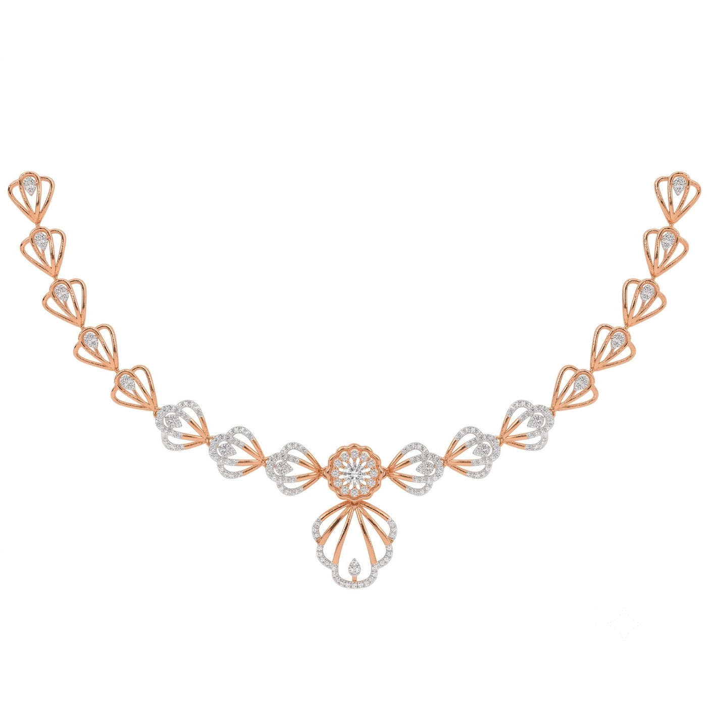 Rose gold and diamond necklace featuring a central floral motif, displayed on a solid white background.