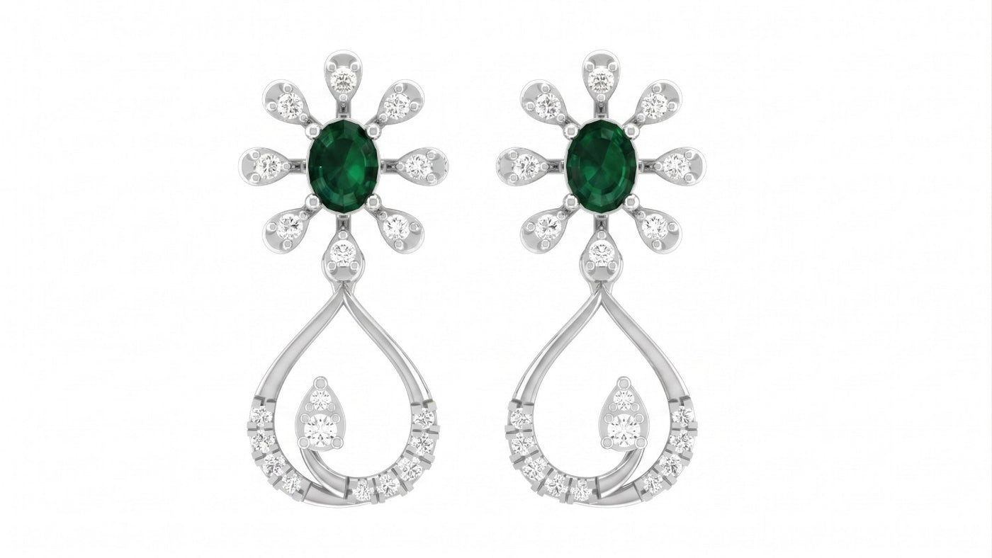 White gold and diamond drop earring with gemstone on a white background.