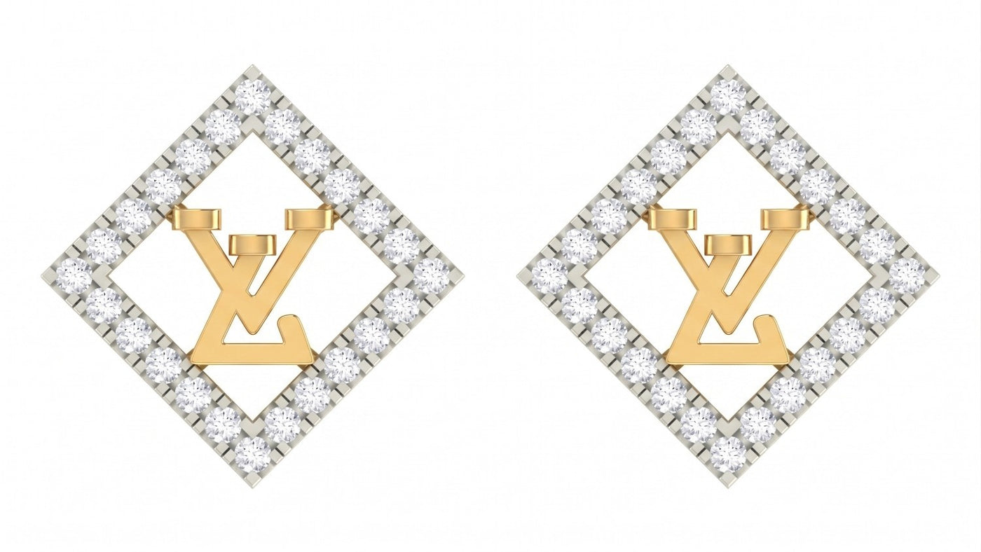 Yellow gold and diamond stud earring with square-shaped on a white background.