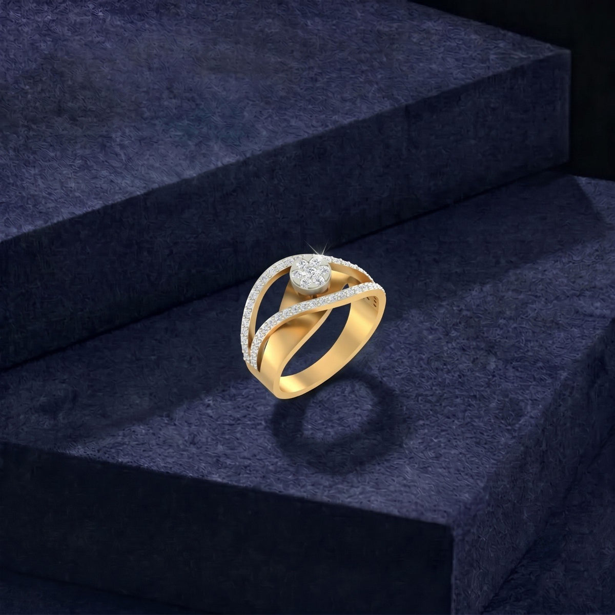 Gold ring with diamond accents on a blue surface.