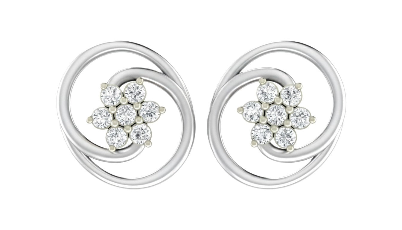 White gold and diamond stud earrings with circular-design on a white background