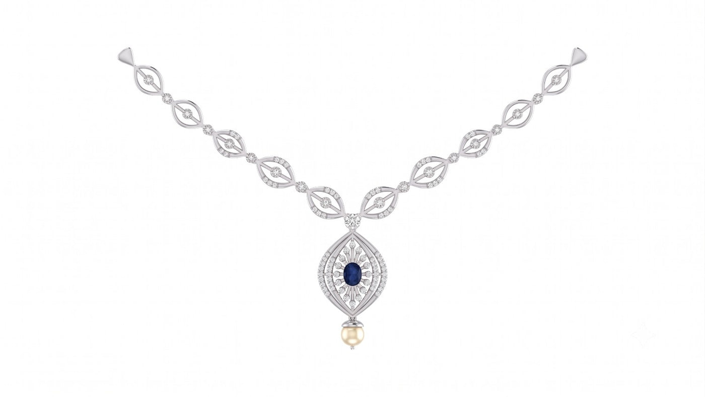 A white gold and diamond necklace, featuring a central teardrop-shaped pendant set with a deep blue oval gemstone, on a plain white background.