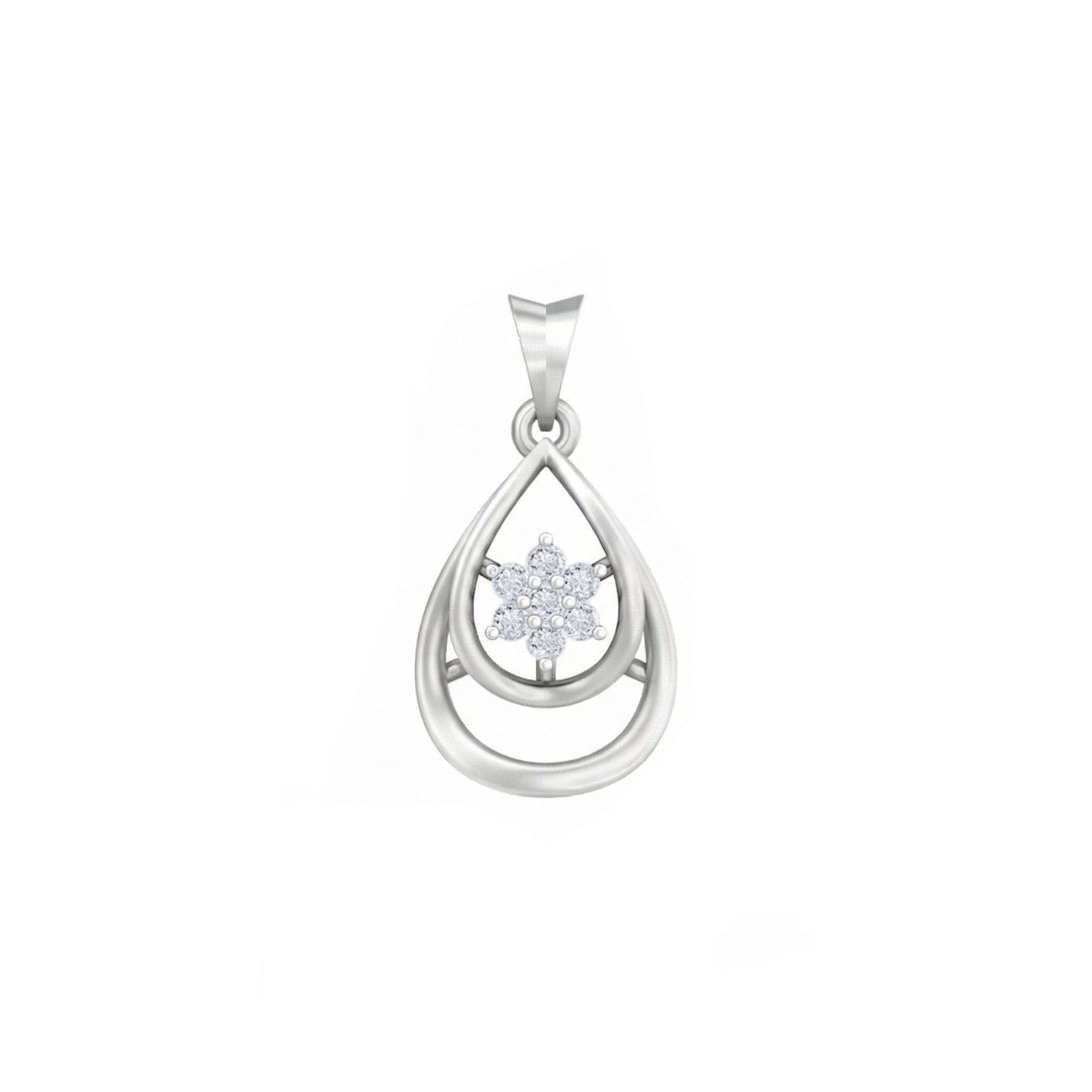 White gold teardrop pendant with a smaller central diamond on a white background