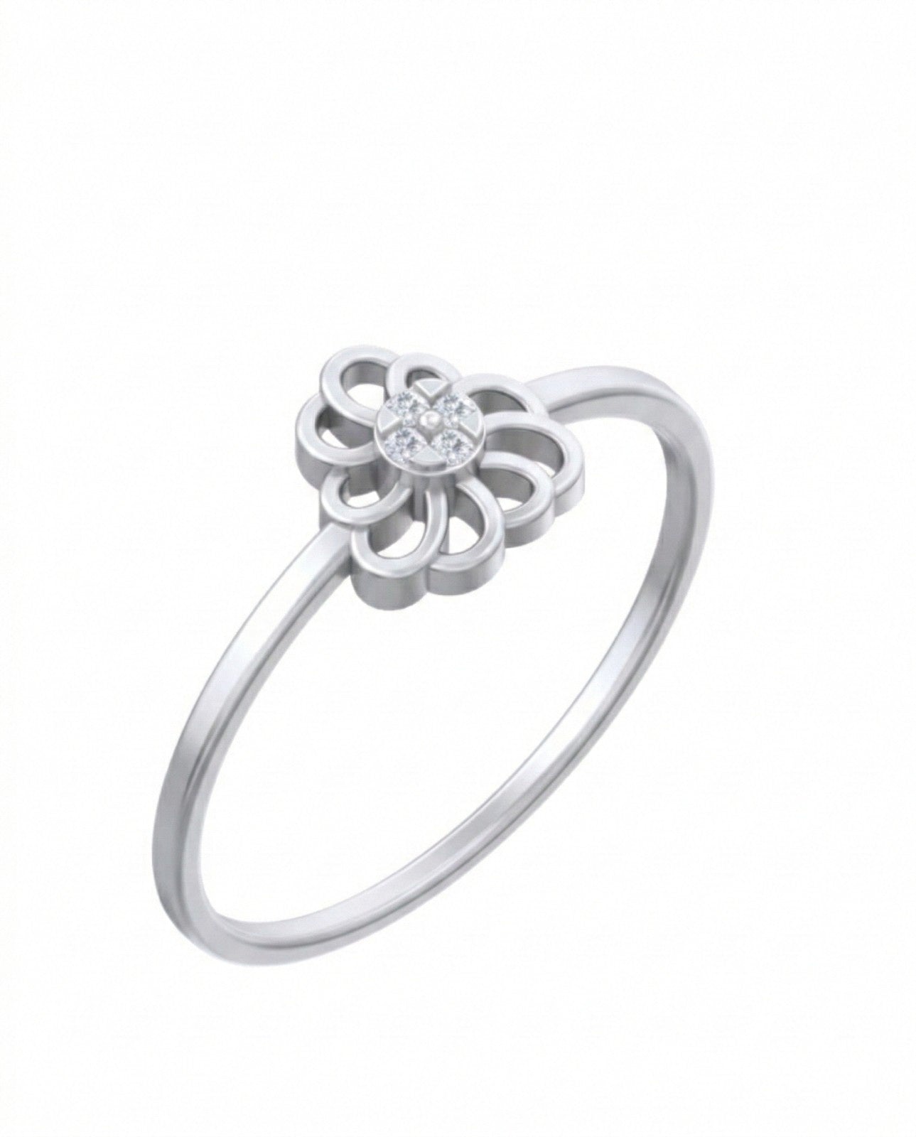 White gold ring with a diamond in the center on a white background