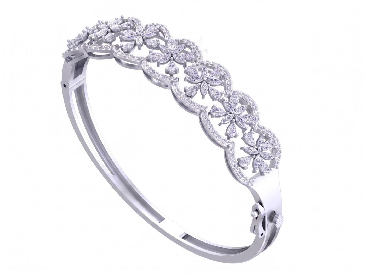 White Gold bangle bracelet with open scallop frames enclosing marquise diamond floral clusters.