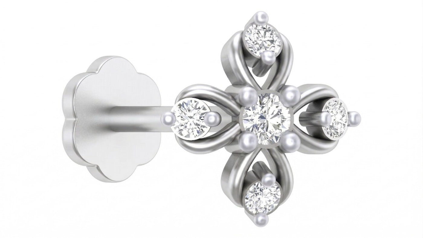 White gold cross-shaped nose pin with five sparkling diamonds and delicate pearl bead accents.
