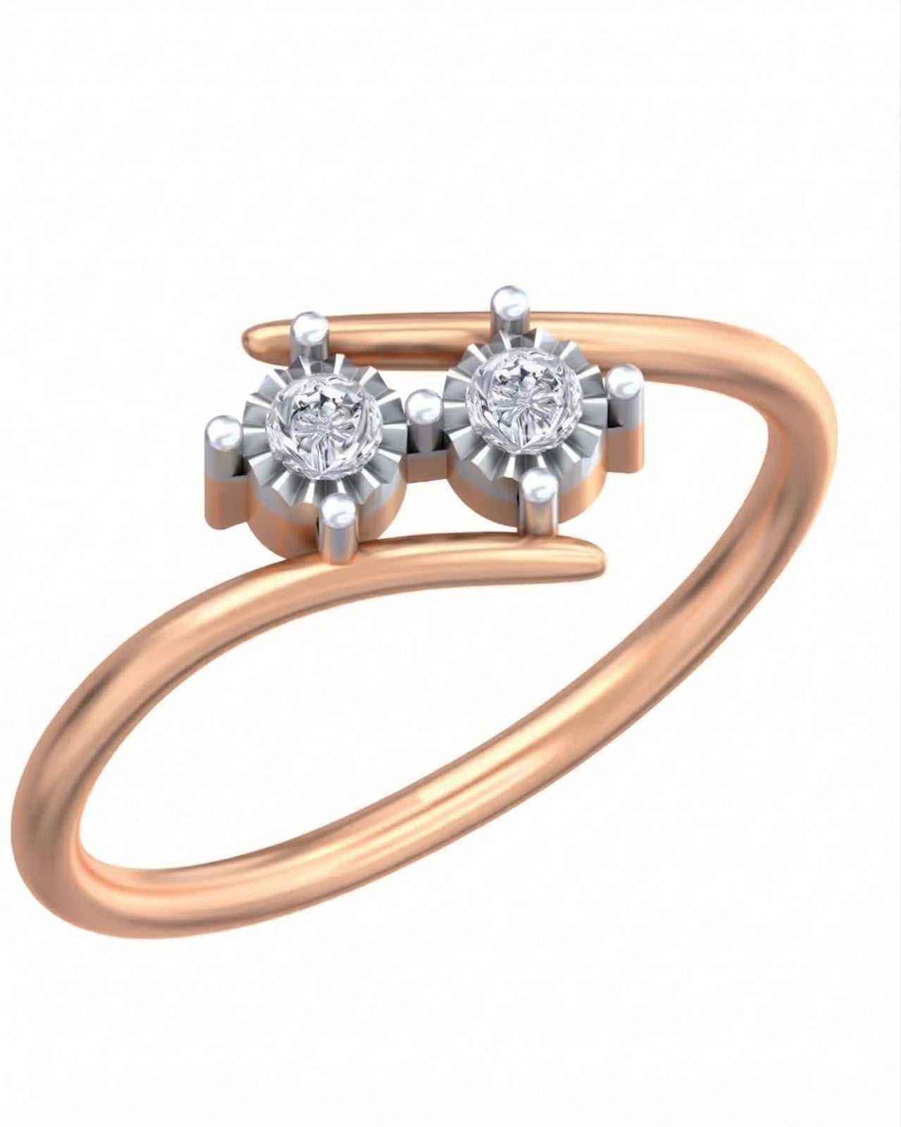 Rose gold ring with two diamond stones on a white background
