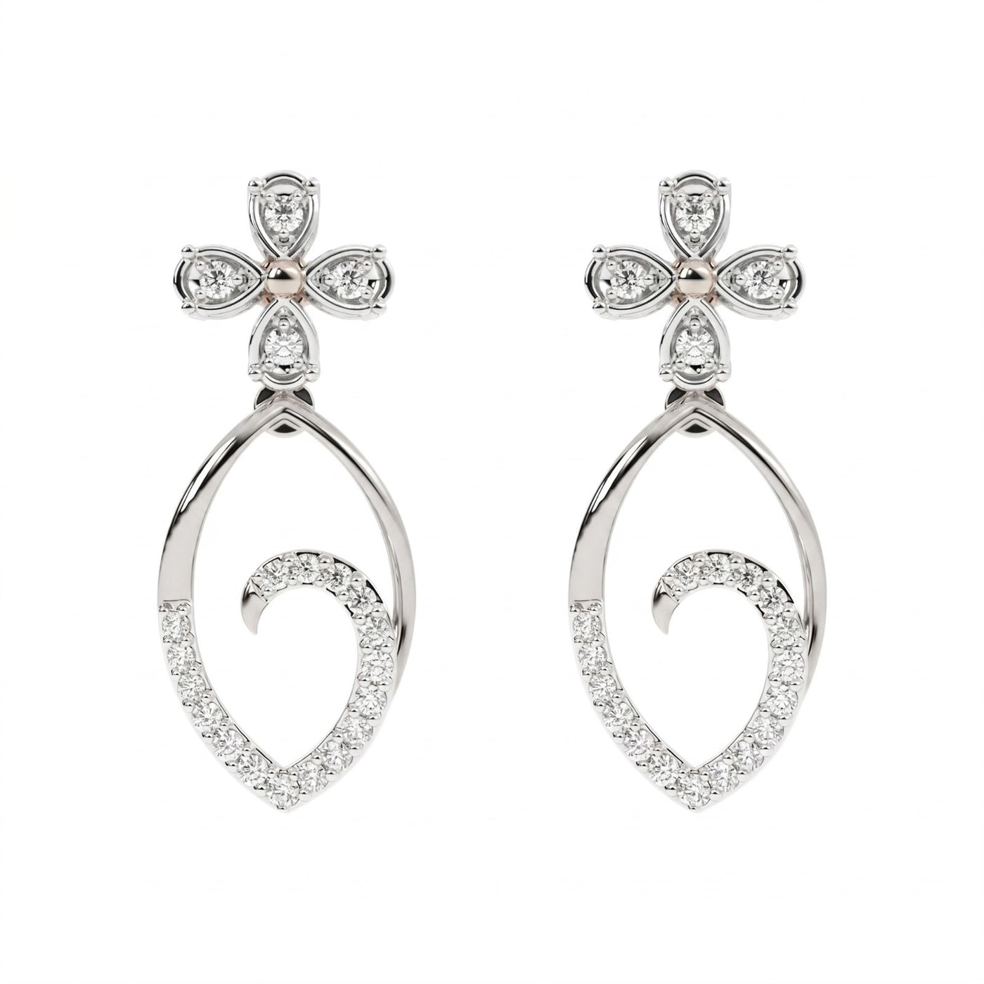 A pair of white gold earrings with diamond accents, featuring a floral design on top and a teardrop shape with diamonds encircling the lower part.