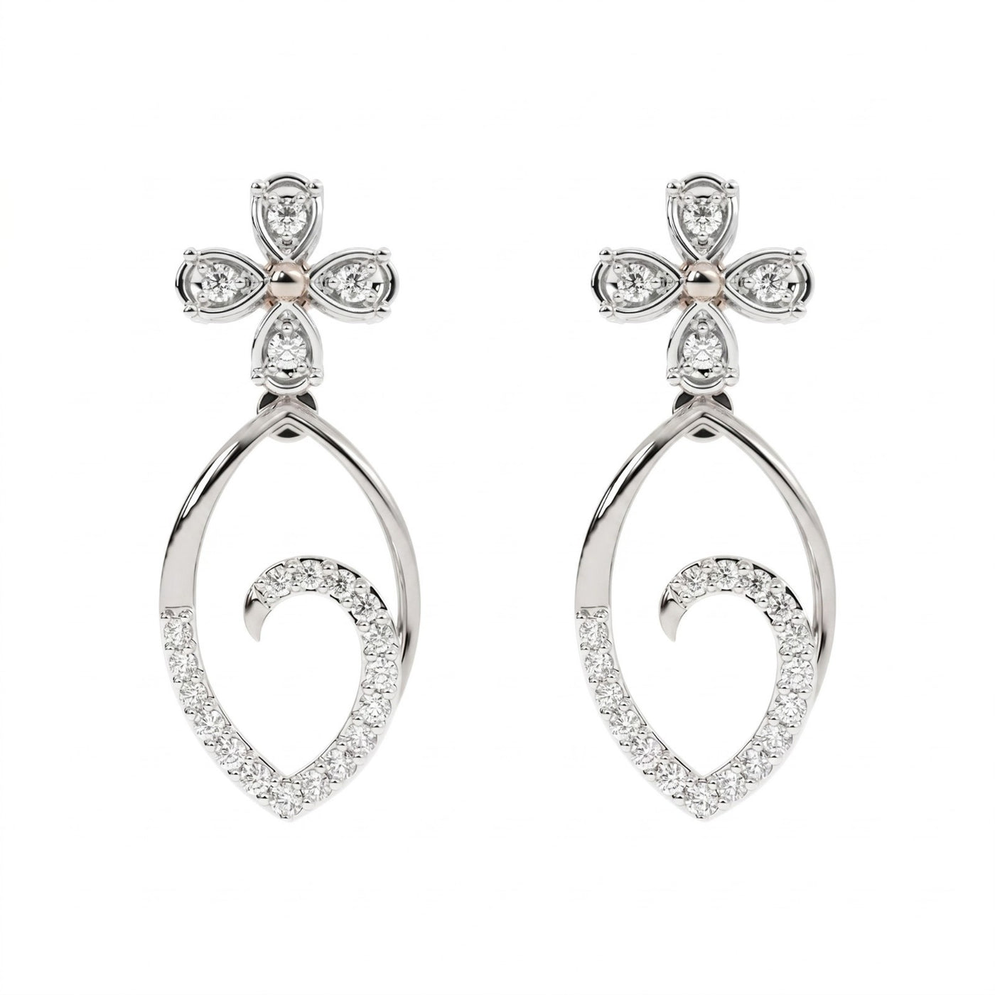 A pair of white gold earrings with diamond accents, featuring a floral design on top and a teardrop shape with diamonds encircling the lower part.