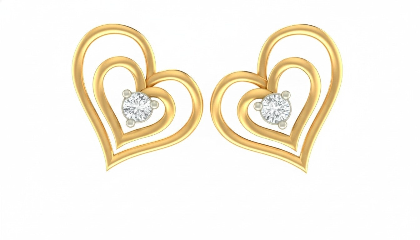 Yellow Gold and diamond heart-shaped earrings on a white background