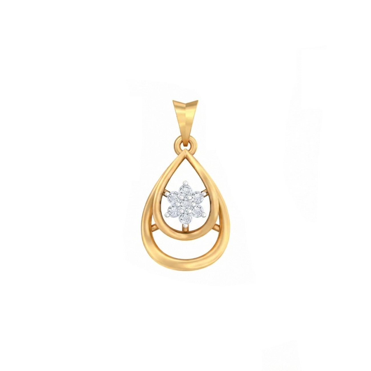 Yellow gold teardrop pendant with a diamond on a white background