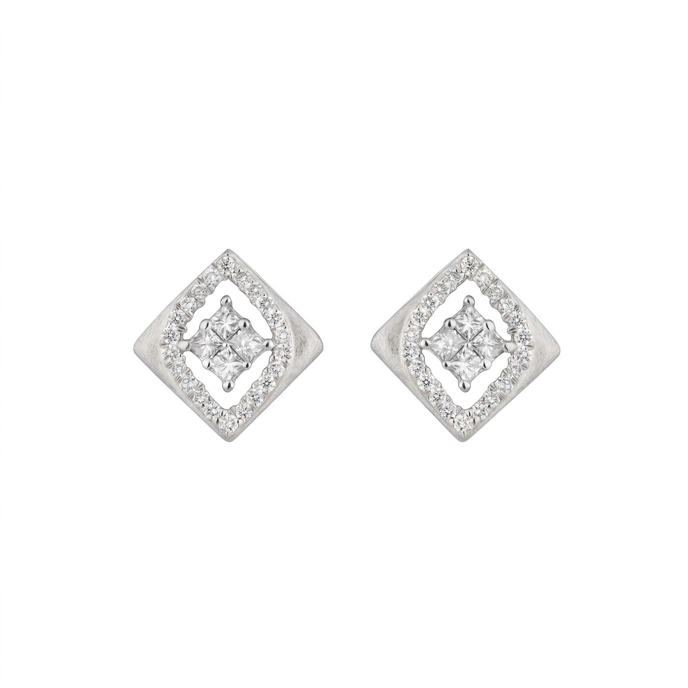 White gold and diamond square-shaped earrings on a white background