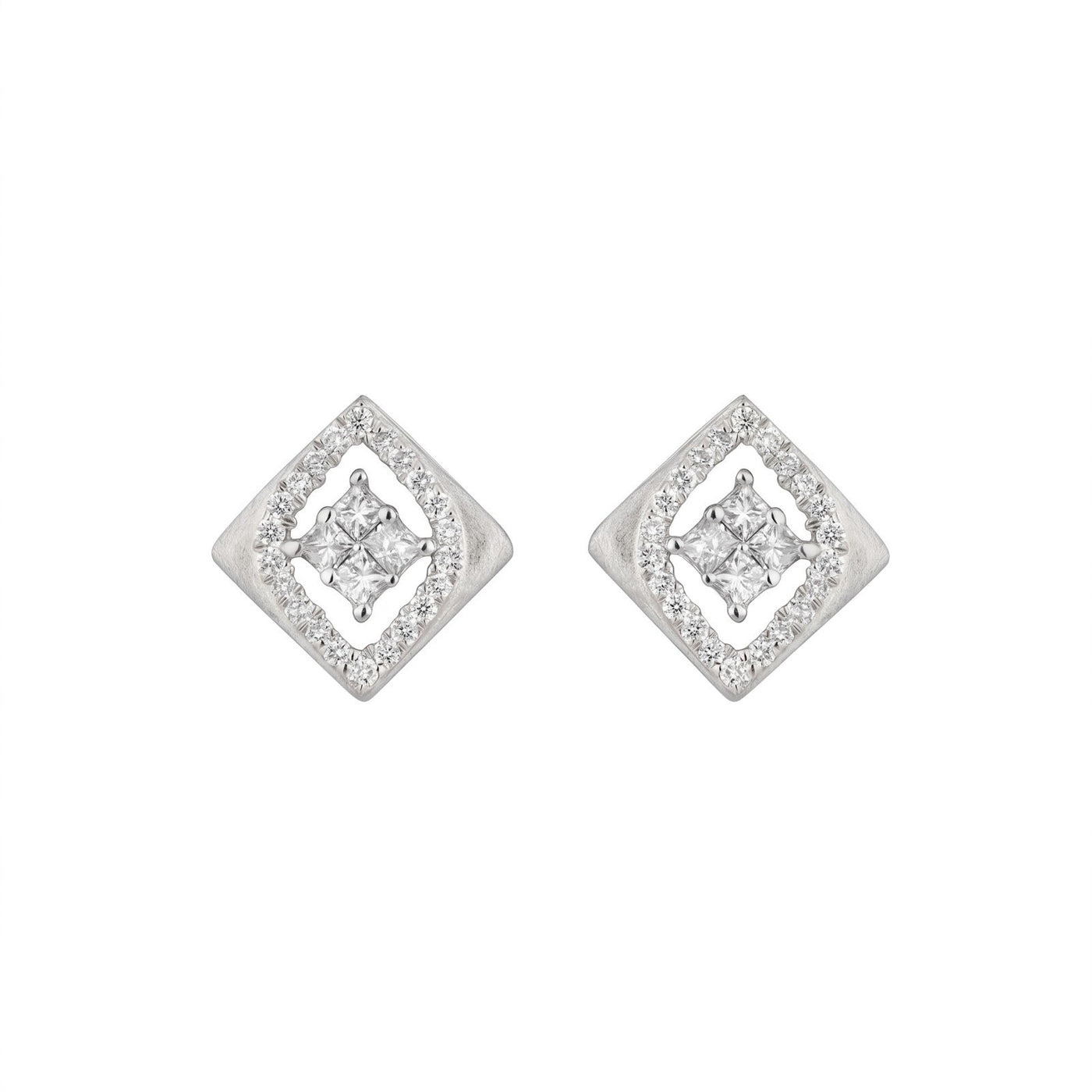 White gold and diamond square-shaped earrings on a white background.