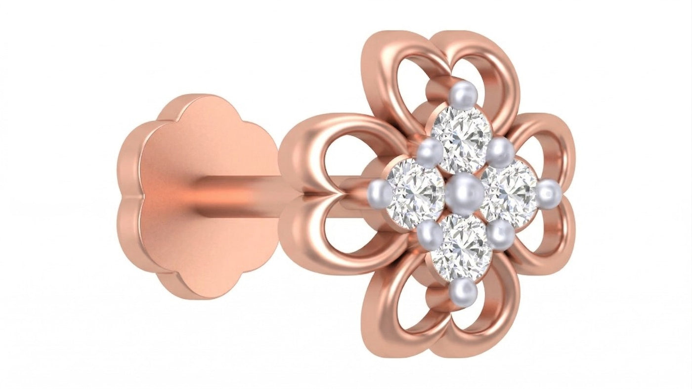 Rose gold and diamond stud nose pin with clear gemstones on a white background