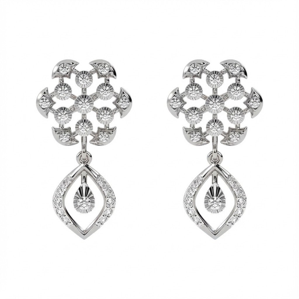 A pair of white gold earrings with diamond accents in an elegant floral and teardrop design.