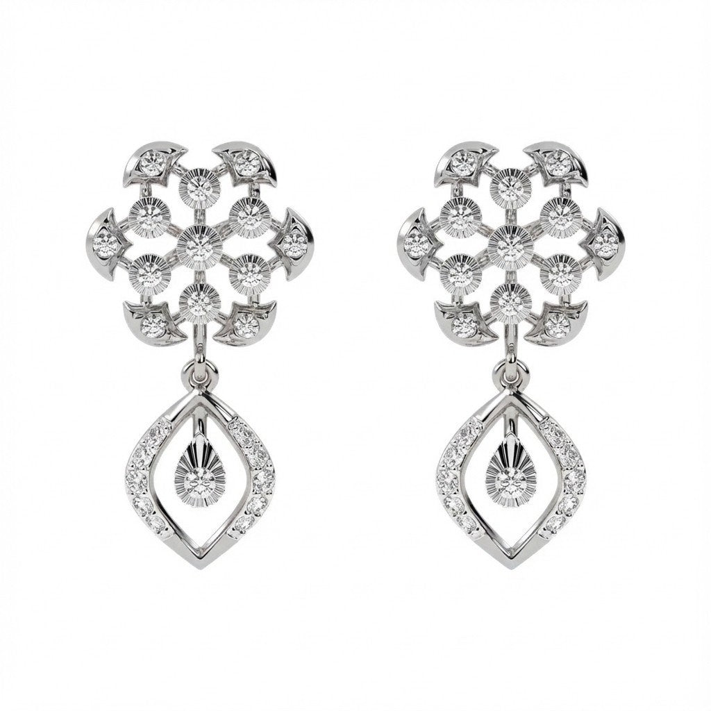 A pair of white gold earrings with diamond accents in an elegant floral and teardrop design.