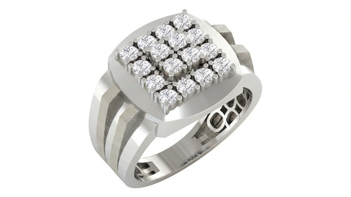 A white gold signet ring with a square face set, shown on a plain white background.
