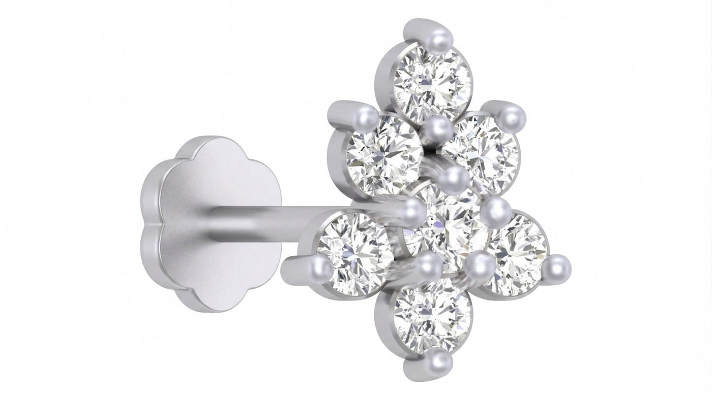 white gold and diamond stud nose pin with diamonds on a white background