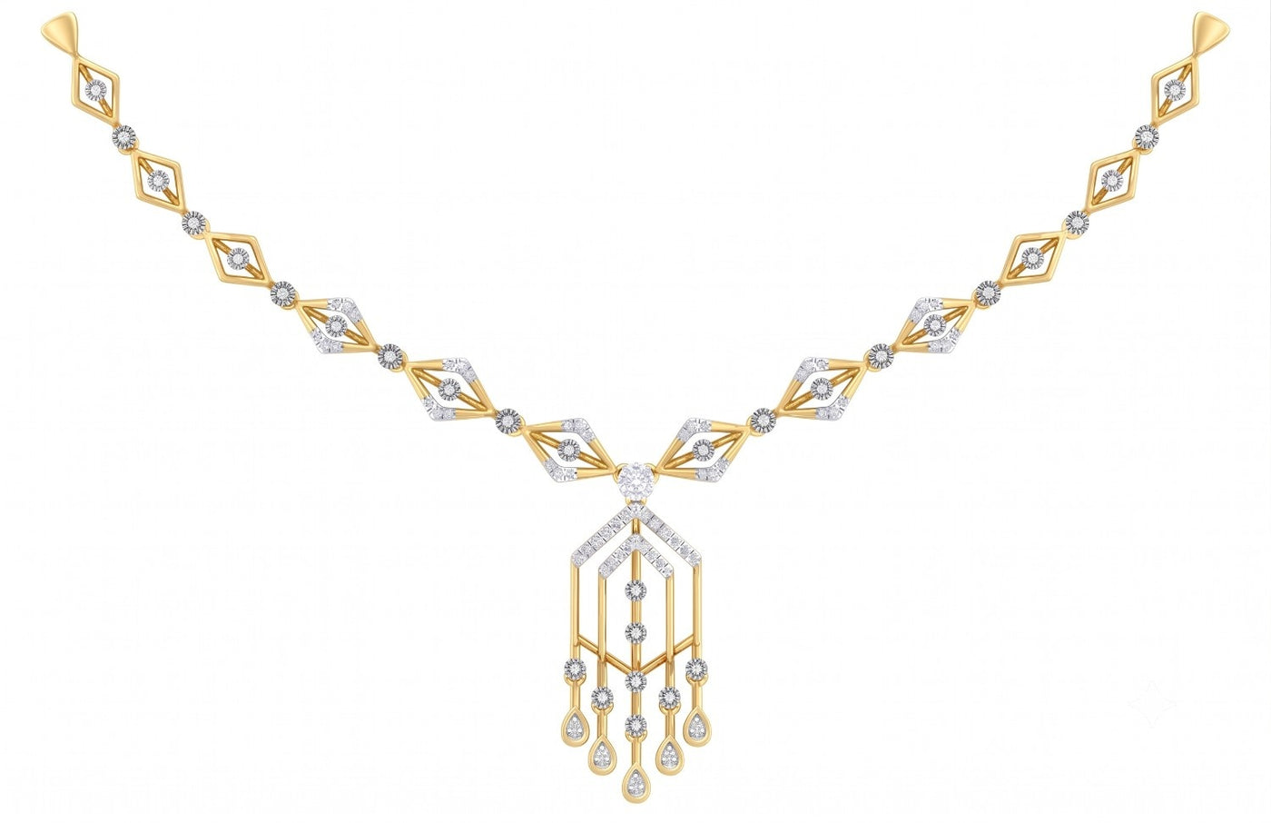 A yellow gold and diamond necklace with a geometric design, featuring a dangling teardrop-shaped, set against a plain white background.