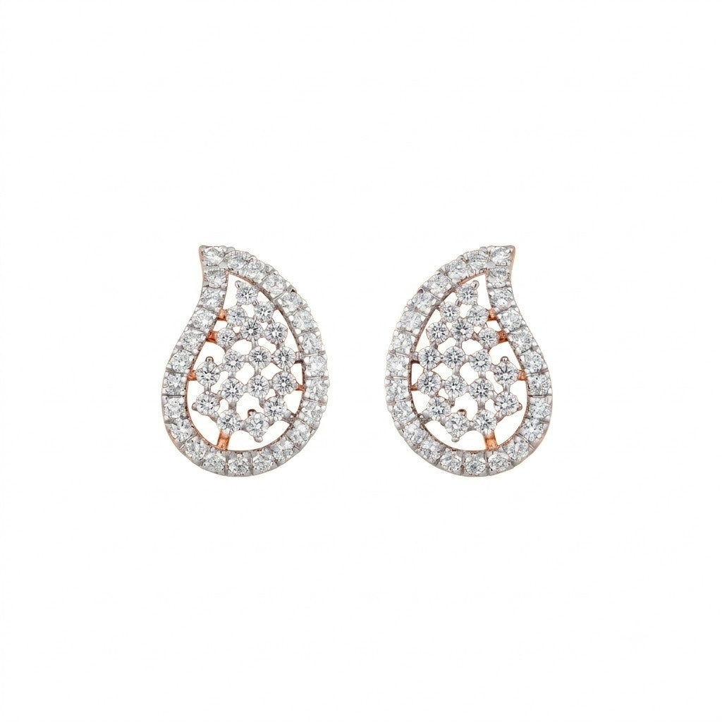 Pair of teardrop-shaped rose gold earrings with diamond accents on a white background