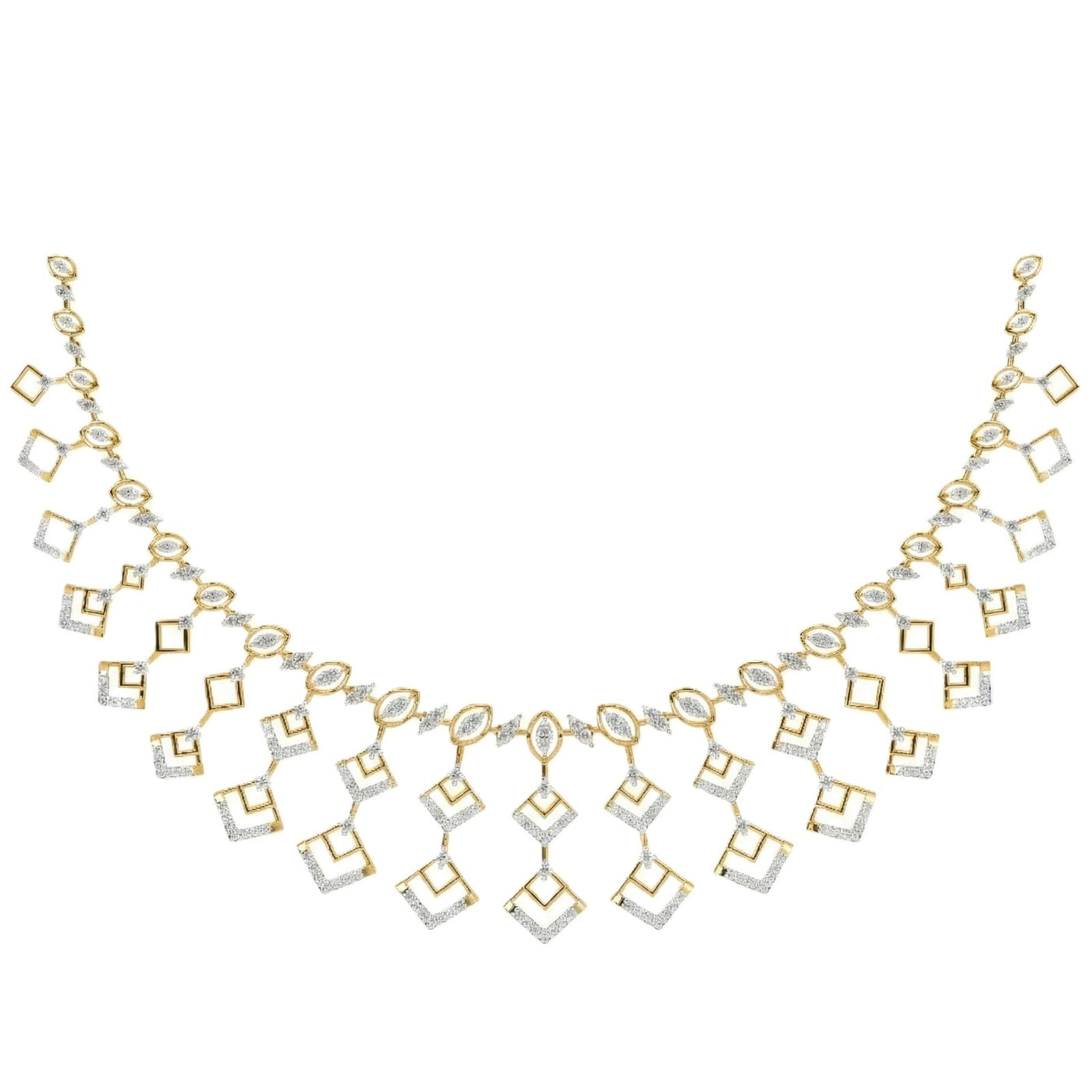 A yellow gold and diamond statement necklace featuring geometric square drops, displayed against a plain white background.