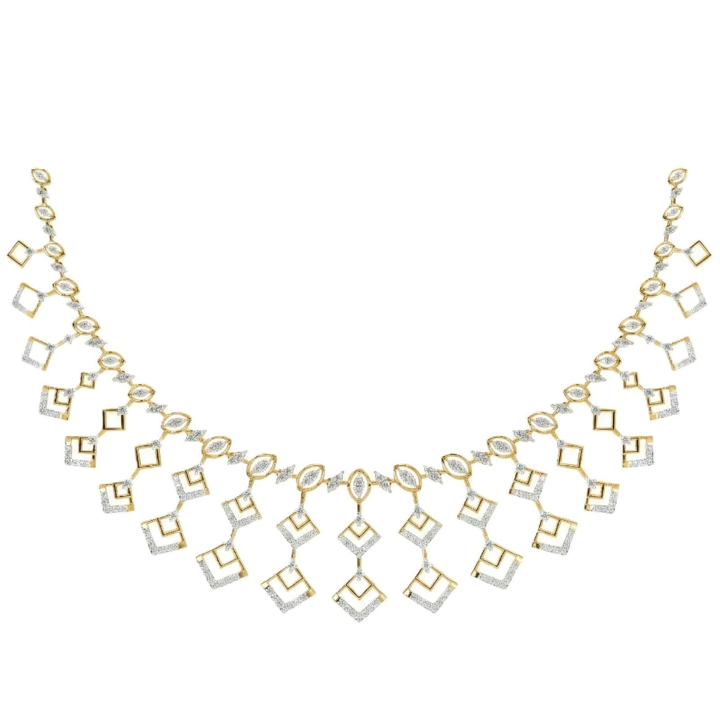 Yellow gold and diamond necklace set on a white background.