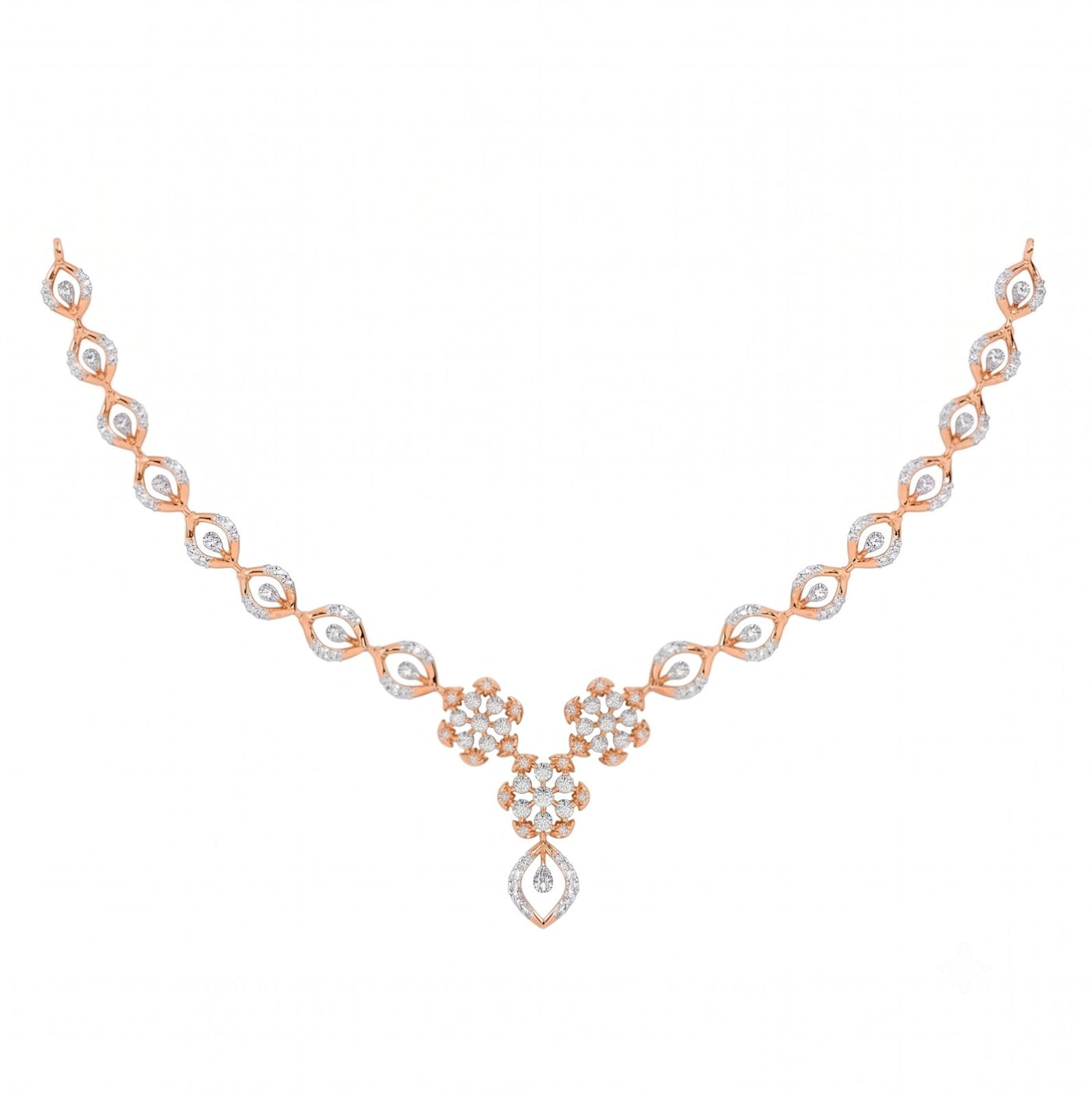 Gold and diamond necklace with a V-shaped, featuring round and teardrop-cut in a rose gold on a white background.