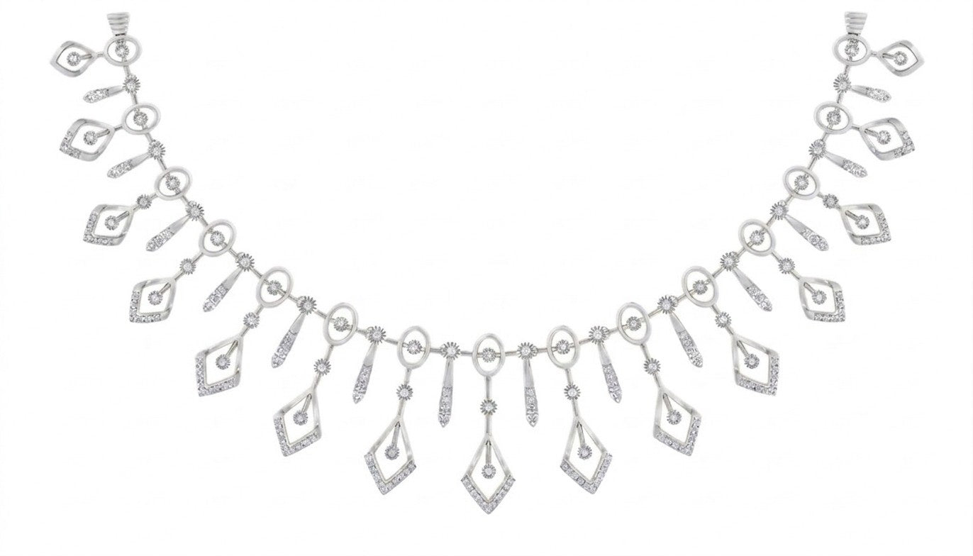A White gold-toned diamond necklace with a vintage-inspired openwork design, featuring teardrop-shaped pendants, oval links, and pavé-set stones on a plain white background.