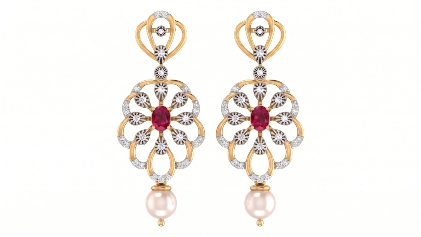 A pair of yellow gold drop earrings featuring a central red gemstone surrounded by diamond.