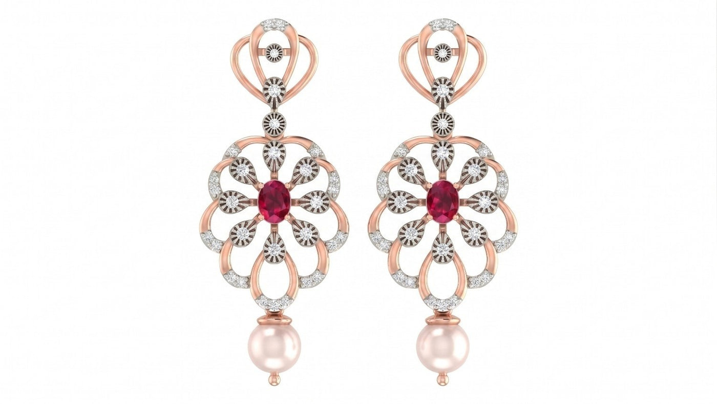 A pair of rose gold drop earrings featuring a central red gemstone surrounded by diamond