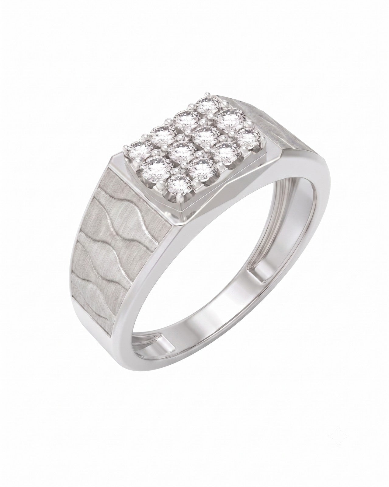 A men's white gold ring with a square diamond cluster, shown on a plain white background.