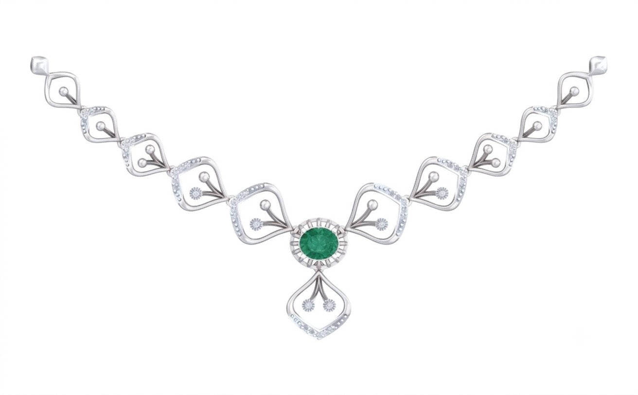 A white gold and diamond gold necklace featuring a central round green emerald stone, on a plain white background.