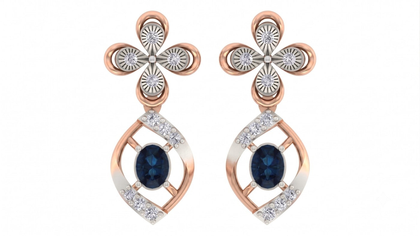 Rose gold and diamond drop earrings with sapphire gemstones on a white background