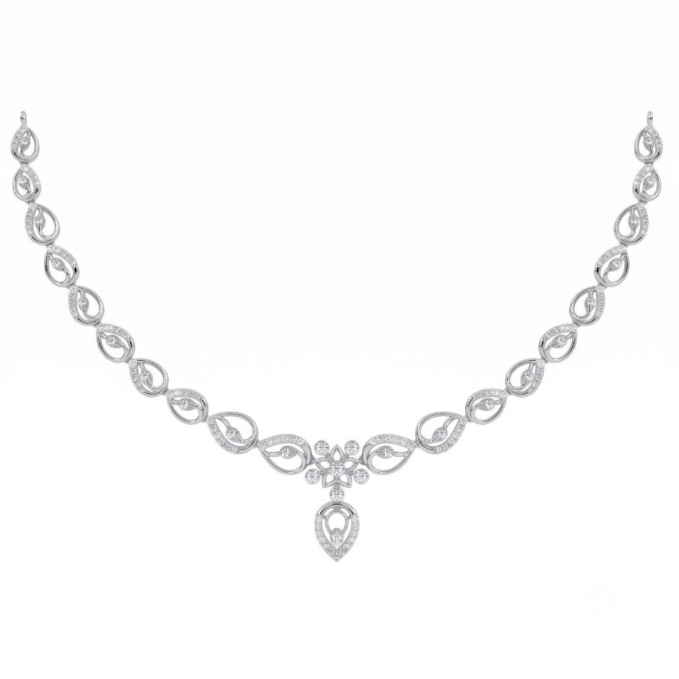 A white gold and diamond necklace with a teardrop-shaped, displayed on a solid white background.