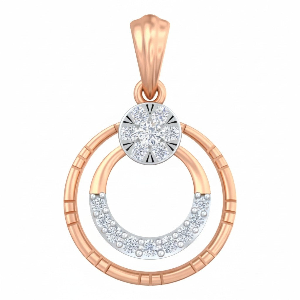 Rose gold and silver pendant with circular design on a white background