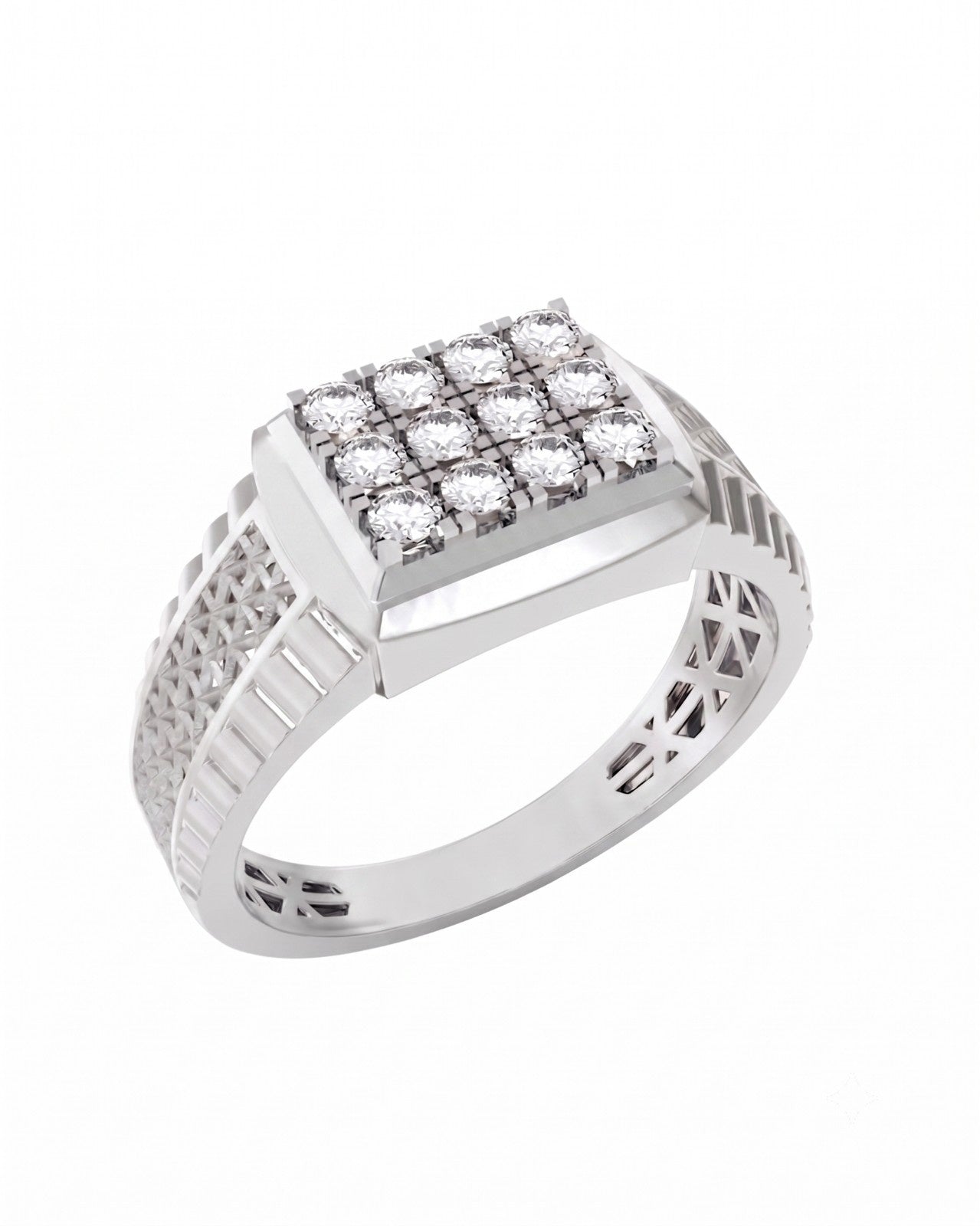 White gold and diamond mens ring on a white background.
