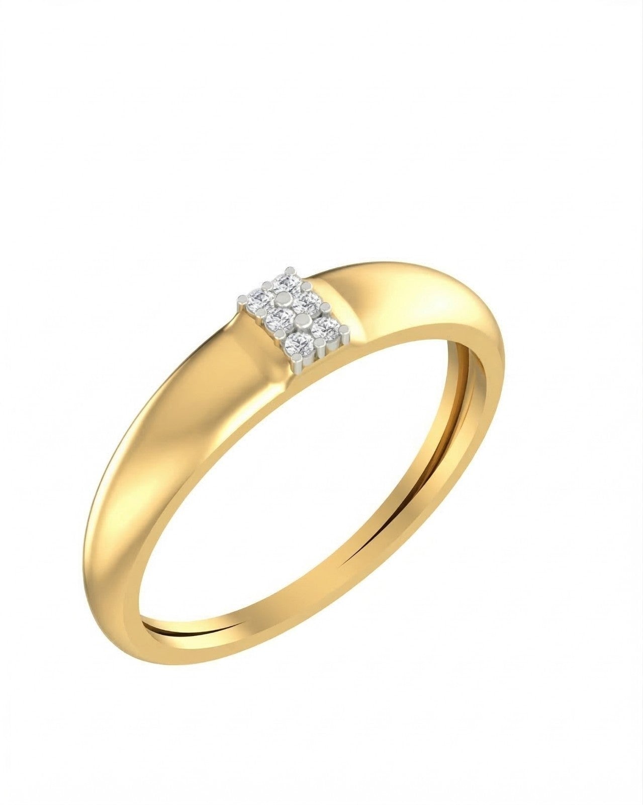 Yellow gold ring with a small diamond cluster on a white background