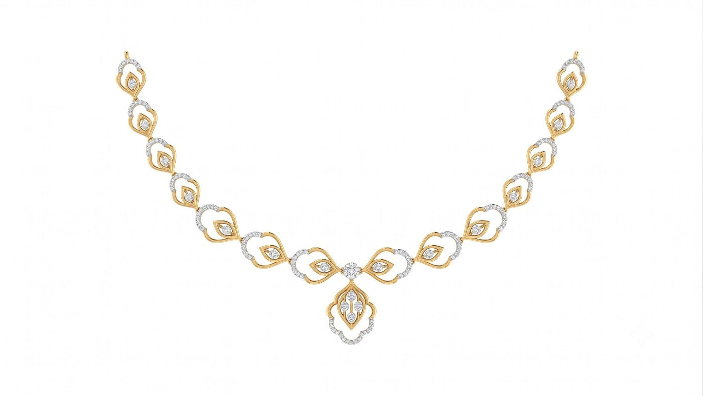 A yellow gold and diamond necklace featuring a floral design, set against a plain white background.