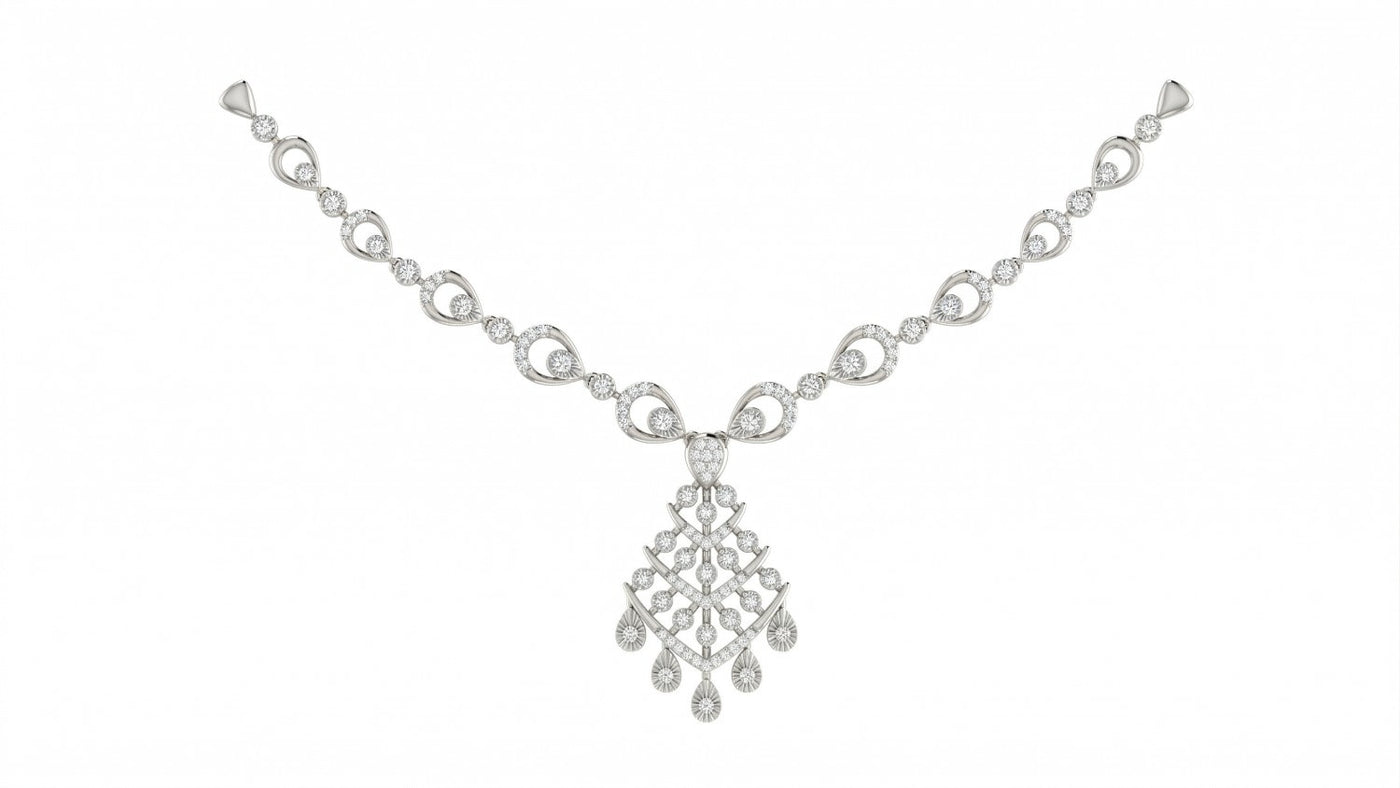 White gold and diamond necklace with white background