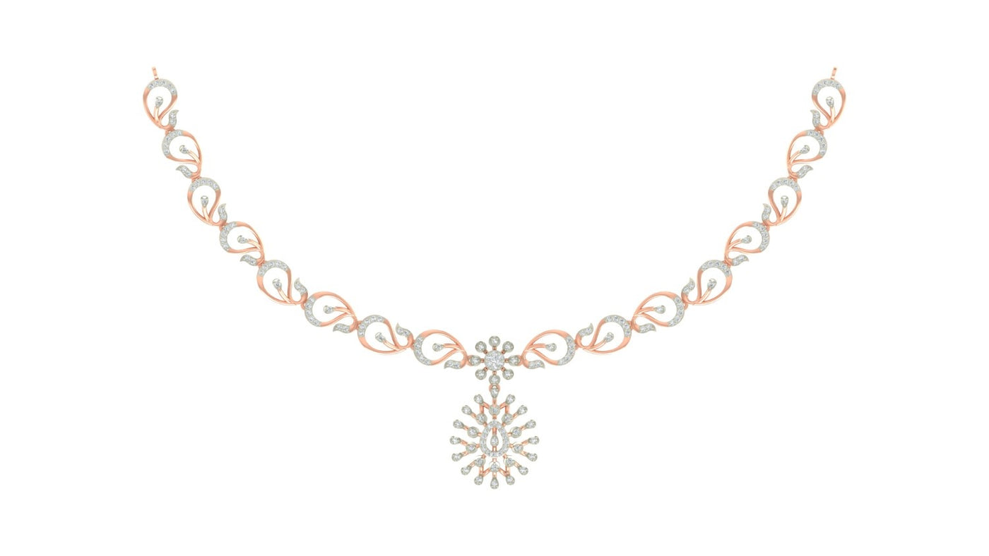 A delicate rose gold and diamond  necklace featuring a repeating leaf pattern, displayed on a clean white background.