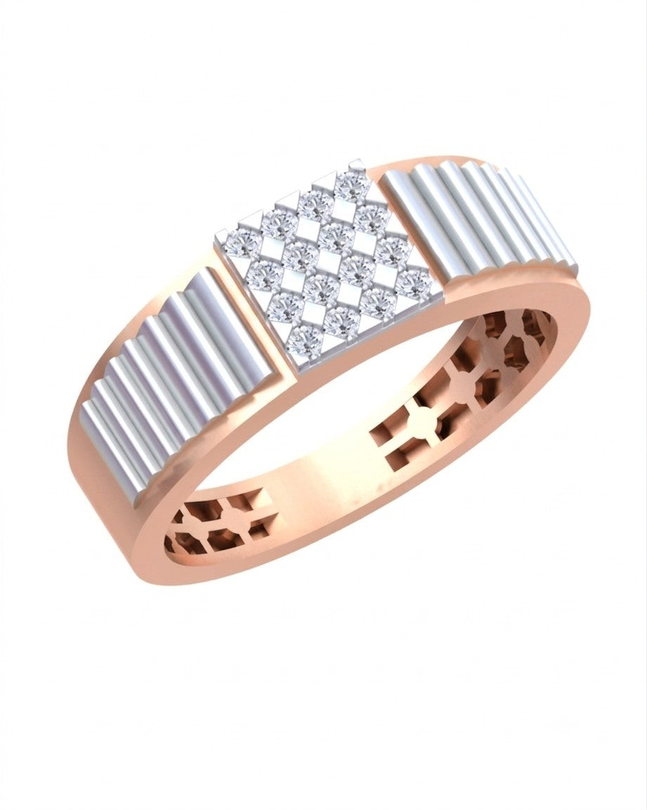A rose gold ring with a geometric design, featuring a central diamond cluster on a white background.