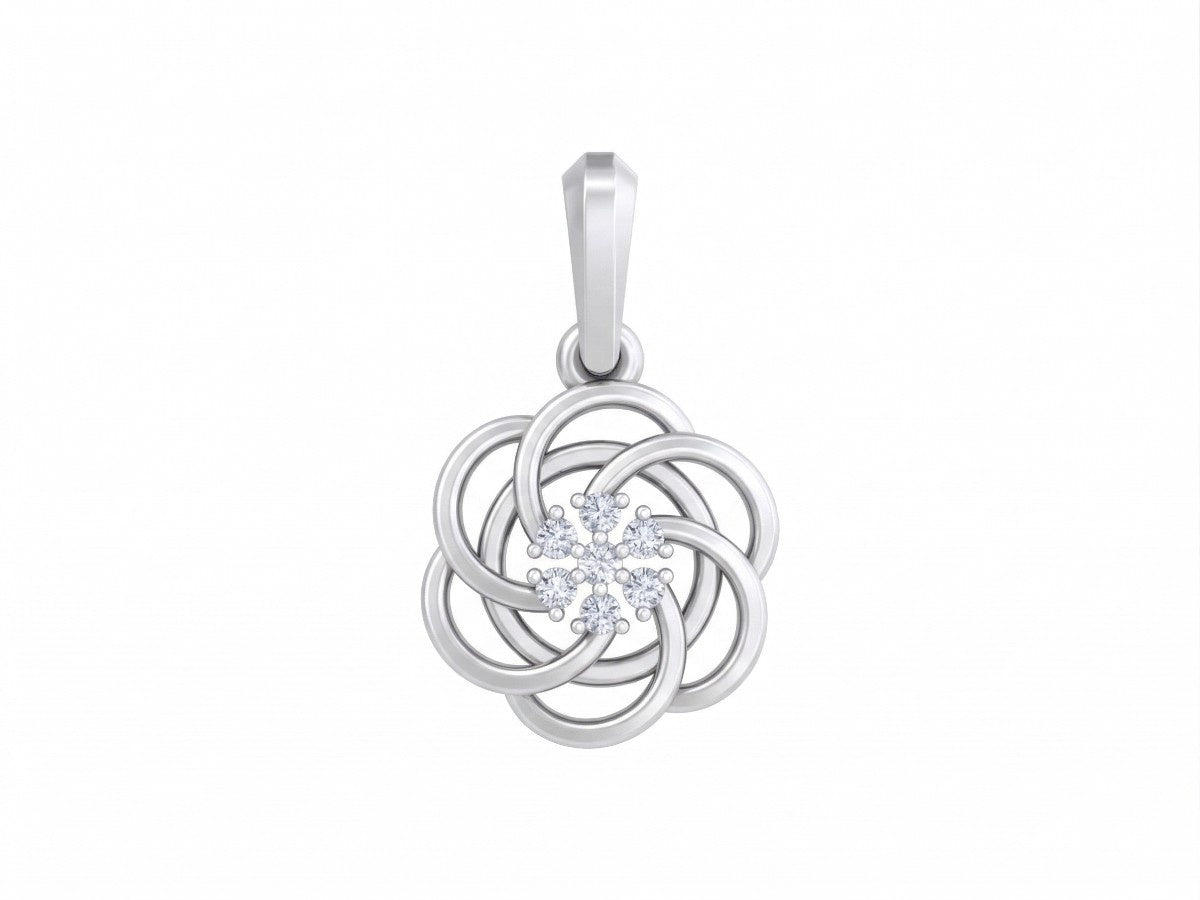 white gold pendant with interlocking circles and a central diamond on a white background