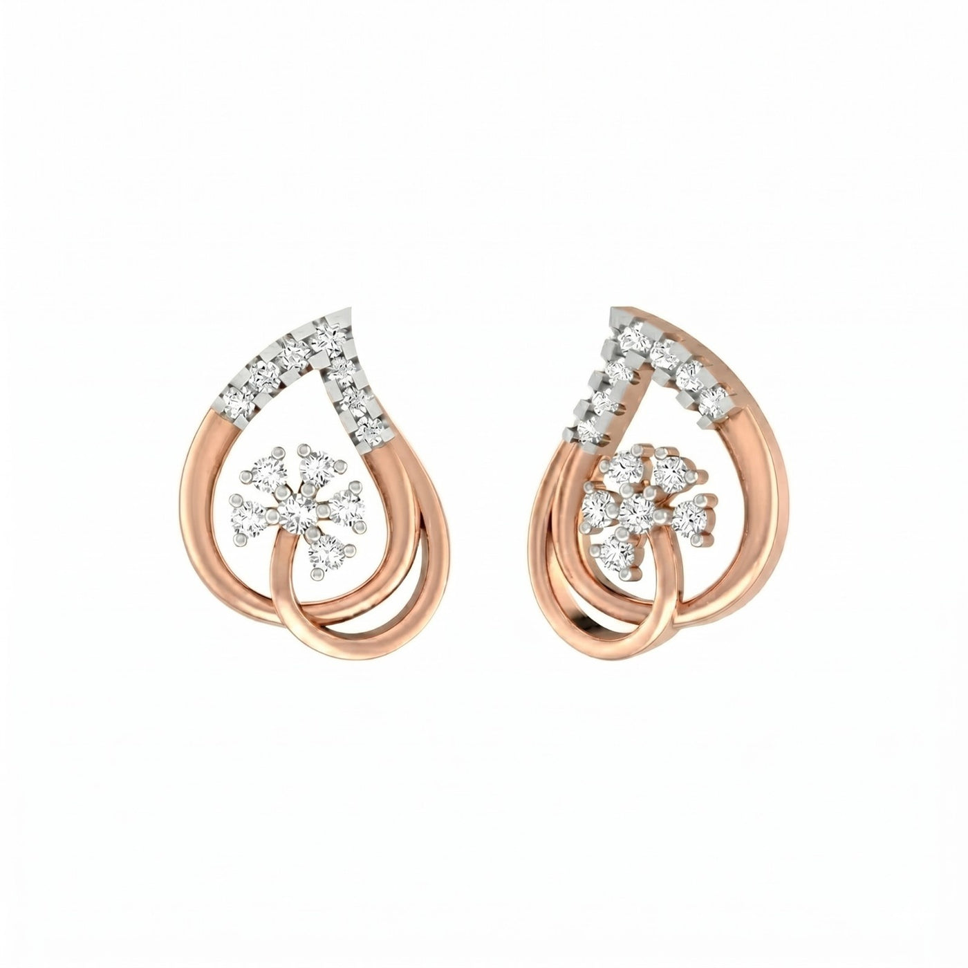 Rose gold and Diamond stud  earrings on a white background
