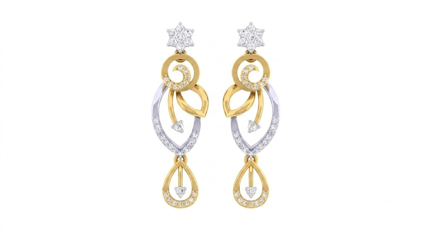 Yellow gold and diamond earrings with diamond accents on a white background